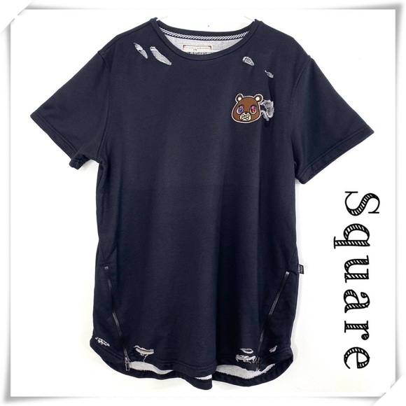Square Zero Bear Patches Distressed Short Sleeve Sweatshirt Black - Picture 1 of 12